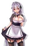  1girl 3books absurdres apron bangs blush braid breasts cleavage eyebrows_visible_through_hair garter_belt garter_straps hair_between_eyes hair_ribbon hand_on_own_chest highres izayoi_sakuya large_breasts looking_at_viewer maid maid_apron maid_headdress open_mouth red_eyes ribbon shadow short_hair silver_hair solo touhou tress_ribbon twin_braids wrist_cuffs 
