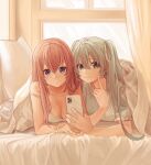  2girls absurdres ahoge aqua_hair backlighting bangs bed_sheet blue_eyes blush breasts cellphone cleavage closed_mouth curtains eyebrows_visible_through_hair finger_to_another&#039;s_cheek frilled_sleeves frills hatsune_miku highres holding holding_phone indoors long_hair looking_at_viewer lying medium_breasts megurine_luka multiple_girls on_bed on_stomach phone pillow pink_hair purple_eyes short_sleeves sleeves_past_wrists smartphone smile strap_slip tanupon twintails very_long_hair vocaloid window 