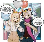  1boy 1girl amusement_park animal_ears balloon bandaged_arm bandages barry_nah black_nails blonde_hair blurry blurry_background brown_shirt brown_skirt closed_eyes commentary cotton_candy danganronpa_(series) danganronpa_2:_goodbye_despair ear_bow english_commentary english_text facing_viewer fake_animal_ears green_jacket green_pants hand_on_hip hand_up hands_up heart_balloon highres holding holding_balloon holding_phone jacket jewelry locked_arms long_hair multicolored_hair open_mouth outdoors pants phone rabbit_ears scarf shirt skirt skull_ornament sonia_nevermind speech_bubble tanaka_gandamu 