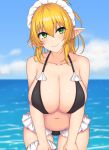  1girl bare_shoulders bikini black_bikini blonde_hair blurry blurry_background breasts cleavage closed_mouth cloud collarbone elf etan14 eyebrows_visible_through_hair frilled_legwear frilled_skirt frills green_eyes hair_between_eyes hair_ornament hand_on_own_knee highres huge_breasts leaning_forward maid_headdress medium_hair midriff navel ocean original pointy_ears skirt sky smile solo stomach swimsuit thigh_strap 