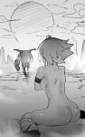  1girl absurdres ass breasts covering covering_breasts from_behind fur greyscale highres horns huge_filesize kirin_(armor) monkey monochrome monster monster_hunter_(series) niwarhythm nude rajang short_hair sideboob single_horn sitting sunset sweat torn torn_clothes torn_legwear walking_away wariza 