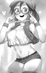  1girl :d absurdres belt blush cowboy_shot crop_top fio_germi glasses greyscale hands_up hat heart highres looking_at_viewer metal_slug micro_shorts monochrome navel niwarhythm open_clothes open_mouth open_vest ponytail round_eyewear shorts skindentation smile solo stomach thighhighs vest wristband 