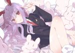  1girl animal_ears bangs blazer bunny crescent crescent_pin eyebrows_visible_through_hair hair_between_eyes heart heart_print highres jacket light_purple_hair long_hair long_sleeves looking_at_viewer loveyuzu lying necktie on_back on_bed pleated_skirt rabbit_ears red_eyes red_neckwear reisen_udongein_inaba shirt skirt smile socks solo touhou white_shirt 