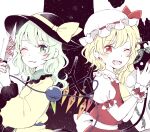  2girls alternate_hair_length alternate_hairstyle ascot bangs black_headwear commentary_request crystal earrings fangs flandre_scarlet green_nails hat heart heart_earrings heart_of_string holding holding_knife jewelry knife komeiji_koishi laevatein_(touhou) long_hair long_sleeves mob_cap mozukuzu_(manukedori) multiple_girls nail_polish one_eye_closed one_side_up open_mouth red_nails red_vest shirt short_sleeves smile starry_background third_eye touhou upper_body vest white_headwear white_shirt wings wrist_cuffs yellow_neckwear yellow_shirt 