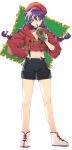  1girl absurdres alternate_costume beret black_shorts boots braid brown_eyes commentary_request contemporary drinking_straw freckles full_body glasses hand_on_hip hat highres hood hooded_sweater hoodie long_hair looking_at_viewer midriff murata_tefu purple_hair red_headwear red_sweater ri_kouran sakura_taisen shorts sipping solo suspenders sweater twin_braids white_background white_footwear 