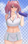  1girl :o arm_behind_back azur_lane bangs bare_arms bare_shoulders blue_sky blush bottle breasts bremerton_(azur_lane) bremerton_(scorching-hot_training)_(azur_lane) cc_(c~fua) chain-link_fence cleavage collarbone cowboy_shot crop_top day eyebrows_visible_through_hair fence grey_hair hair_ornament hairclip highres holding holding_bottle large_breasts long_hair looking_at_viewer miniskirt mole mole_under_eye multicolored_hair navel official_alternate_costume open_mouth outdoors red_eyes sidelocks skirt sky sleeveless solo stomach streaked_hair twintails two-tone_hair white_skirt x_hair_ornament 