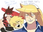  3boys blonde_hair blood blush brown_hair casual english_text eyepatch family father_and_son frown guilty_gear guilty_gear_xrd headband highres ky_kiske multiple_boys nosebleed ponytail sin_kiske sol_badguy sweatdrop tina_fate 