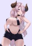  1girl alternate_costume black_shorts blue_eyes braid breasts cosplay demon_horns draph granblue_fantasy hair_over_one_eye highres horns jahy jahy-sama_wa_kujikenai! jahy_(cosplay) large_breasts light_purple_hair long_hair looking_at_viewer low_tied_hair naked_shirt narmaya_(granblue_fantasy) o-ring o-ring_top pointy_ears purple_hair shirt short_shorts shorts single_braid solo teriton 