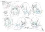  1girl bakemonogatari bare_shoulders character_sheet color_trace expressions eyebrows_visible_through_hair frown highres looking_down medium_hair monogatari_(series) multiple_views official_art partially_colored portrait production_art production_note profile sad scan sengoku_nadeko simple_background turnaround white_background zip_available 