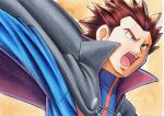  1boy blue_jacket brown_hair cape commentary_request grey_cape grey_eyes highres jacket lance_(pokemon) male_focus oka_mochi open_mouth orange_background outstretched_arm pokemon pokemon_(game) pokemon_hgss popped_collar short_hair solo spiked_hair tongue traditional_media turtleneck turtleneck_jacket upper_body upper_teeth 