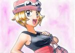  1girl :d bag black_shirt blonde_hair bracelet breasts collared_shirt commentary_request eyelashes eyewear_on_headwear grey_eyes handbag hat high-waist_skirt highres jewelry oka_mochi open_mouth pink_background pink_bag pink_headwear pokemon pokemon_adventures red_skirt shirt short_hair skirt sleeveless sleeveless_shirt smile solo sunglasses tongue traditional_media yvonne_gabena 