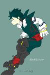  1boy animal_hood bangs bodysuit boku_no_hero_academia boots brown_footwear bunny_hood buthikireta commentary_request elbow_gloves freckles full_body gloves green_background green_bodysuit green_hair highres hood hood_down male_focus midoriya_izuku pouch red_footwear short_hair simple_background smile solo thigh_boots thighhighs translation_request twitter_username white_gloves 