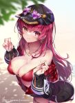  1girl artist_name bangs baseball_cap bikini black_headwear black_jacket blurry blurry_background blush breasts cleavage commentary_request earrings eyebrows_visible_through_hair eyewear_on_headwear hands_up hat heart heart-shaped_eyewear heart_earrings heart_necklace heterochromia hololive hong_(white_spider) houshou_marine jacket jewelry large_breasts leaning_forward long_hair long_sleeves looking_at_viewer necklace off_shoulder official_alternate_costume open_clothes open_jacket puffy_long_sleeves puffy_sleeves red_bikini red_eyes red_hair signature smile solo strap_lift string_bikini sunglasses swimsuit thigh_strap untied untied_bikini virtual_youtuber yellow_eyes 
