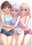  3girls aqua_eyes blonde_hair blue_shorts blue_tank_top blush breasts brown_eyes brown_hair closed_mouth clothes_writing collarbone eyebrows_visible_through_hair hair_between_eyes hair_ornament hairclip highres iijima_yun large_breasts long_hair looking_at_viewer medium_breasts multiple_girls navel new_game! official_art open_mouth pink_shorts pink_tank_top purple_eyes purple_hair purple_tank_top shinoda_hajime short_hair shorts small_breasts suzukaze_aoba tank_top tokunou_shoutarou twintails white_shorts 