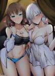  2girls anastasia_(fate) anastasia_(swimsuit_archer)_(fate) bangs bare_shoulders bikini black_bikini blue_bikini blue_eyes blush braid breasts brown_hair charlotte_corday_(fate) charlotte_corday_(swimsuit_caster)_(fate) cleavage collarbone dress dress_swimsuit fate/grand_order fate_(series) green_eyes grin hair_over_one_eye hairband heart jacket jewelry large_breasts long_hair long_sleeves looking_at_viewer mismatched_bikini multiple_girls navel necklace off_shoulder pendant short_hair side_braid silver_hair smile swimsuit thighs twin_braids unadon very_long_hair white_dress white_jacket 