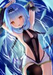  1girl absurdres arms_up azur_lane black_swimsuit blue_hair breasts commentary detached_sleeves eyebrows_visible_through_hair highres humo long_hair looking_at_viewer nautilus_(azur_lane) navel one-piece_swimsuit see-through single_thighhigh small_breasts solo swimsuit thighhighs yellow_eyes zipper 