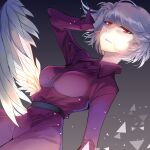  1girl angel_wings artist_name belt bowtie_removed breasts collared_dress commentary_request dress eyebrows_visible_through_hair feathered_wings grey_background hair_between_eyes hand_in_hair highres jacket jacket_removed kanta_(pixiv9296614) kishin_sagume large_breasts long_sleeves looking_at_viewer open_mouth partial_commentary purple_dress red_eyes short_hair silver_hair single_wing solo touhou wings 