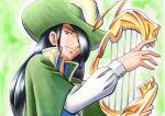 1boy bangs black_hair blue_eyes blue_vest buttons cloak closed_mouth collared_shirt commentary_request eyelashes green_background green_cloak green_headwear hand_up hat high_collar highres holding holding_instrument instrument long_hair long_sleeves looking_at_viewer male_focus nando_(pokemon) oka_mochi pokemon pokemon_(anime) pokemon_dppt_(anime) shirt smile solo traditional_media upper_body vest white_shirt 
