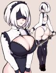  1girl ass black_blindfold blindfold breasts cleavage highres holding holding_sword holding_weapon large_breasts maid_headdress multiple_views nier_(series) nier_automata shiny shiny_skin short_hair sieroo simple_background sword thighhighs weapon white_hair yorha_no._2_type_b 