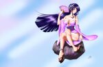  black_hair breasts flowers genshin_impact japanese_clothes kimono long_hair no_bra purple_eyes raiden_shogun 