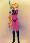  bad_hands baseball baseball_bat black_footwear blonde_hair blush bodysuit boots braid breasts holding holding_baseball_bat iczer-1 iczer_(series) knee_boots long_hair pink_bodysuit retro_artstyle sidelocks skin_tight small_breasts standing tatakae!!_iczer-1 twin_braids very_long_hair yosaku 