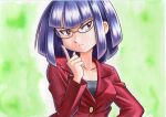  1girl bangs blunt_bangs buttons closed_mouth collarbone commentary_request glasses green_background grey_shirt hand_up highres index_finger_raised jacket matori_(pokemon) medium_hair oka_mochi pokemon pokemon_(anime) pokemon_xy_(anime) purple_eyes purple_hair red_jacket shirt solo split_mouth team_rocket traditional_media upper_body 
