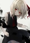  1girl ascot black_dress blonde_hair collared_shirt dress hair_ribbon hasunokaeru highres long_sleeves open_mouth red_eyes red_neckwear red_ribbon ribbon rumia shirt short_hair solo touhou white_background white_shirt 