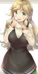  1girl aru_(arudes) blush breasts eyebrows_visible_through_hair fang green_eyes green_hair green_legwear highres index_finger_raised inuyama_aoi large_breasts long_hair long_sleeves looking_at_viewer open_mouth pantyhose skin_fang smile solo sweater thick_eyebrows white_sweater yurucamp 
