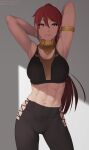  1girl abs armlet arms_behind_head arms_up breasts circlet closed_mouth commentary_request commission earrings gorget green_eyes hair_between_eyes highres hip_vent indoors jewelry large_breasts light_smile lips long_hair looking_at_viewer navel pants putcher pyrrha_nikos red_hair revision rwby shade solo sports_bra stomach toned very_long_hair watermark web_address 