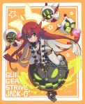  1girl 3others absurdres ankh ankh_necklace ball_and_chain_restraint bat_wings bodysuit chain gloves green_eyes guilty_gear guilty_gear_strive halo highres jack-o&#039;-lantern jack-o&#039;_valentine knight_servant lancer_servant magician_servant multiple_others red_hair suesuguru white_bodysuit wings 