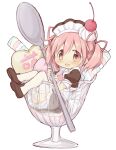  1girl absurdres alternate_costume blush boots cherry cup eyebrows_visible_through_hair eyes_visible_through_hair food fruit h_om highres in_container in_cup kaname_madoka mahou_shoujo_madoka_magica maid maid_headdress pink_eyes pink_hair ribbon short_twintails smile solo spoon thighhighs twintails zettai_ryouiki 