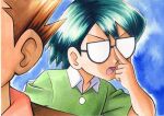  2boys adjusting_eyewear bangs blue_background brock_(pokemon) brown_hair buttons collared_shirt commentary_request dark-skinned_male dark_skin glasses green_hair green_shirt hand_up highres male_focus max_(pokemon) multiple_boys oka_mochi open_mouth pokemon pokemon_(anime) pokemon_rse_(anime) shirt short_hair short_sleeves spiked_hair tongue traditional_media v-shaped_eyebrows 