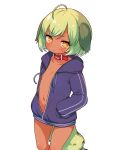  1girl :/ animal_collar animal_ears collar dog_ears dog_tail done_(donezumi) flat_chest green_hair hand_in_pocket highres hood hoodie naked_hoodie navel open_clothes open_hoodie orange_eyes original partially_unzipped short_hair sweat tail titi-chan_(nezumi_inu) v-shaped_eyebrows 