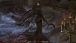  1girl absurdres black_dress black_hair blood blood_on_face blood_on_weapon blurry blurry_background candle candlestand cassandra_dimitrescu dress english_commentary full_body grey_eyes highres holding holding_weapon hood hood_up indoors long_hair looking_at_viewer looking_back making-of_available resident_evil resident_evil_village sickle solan solo standing watermark weapon web_address 