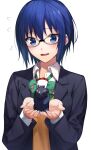  1boy 1girl back bangs black-framed_eyewear black_hair blue_eyes blue_hair blue_jacket blush bouquet bow bowtie ciel_(tsukihime) collared_shirt commentary_request fingernails flower flying_sweatdrops glasses green_bow green_neckwear hair_between_eyes heart herigaru_(fvgyvr000) highres holding holding_another holding_bouquet jacket long_sleeves looking_at_another looking_down miniboy open_clothes open_jacket open_mouth red_flower red_rose rose school_uniform shirt short_hair sidelocks simple_background size_difference smile tohno_shiki tsukihime tsukihime_(remake) upper_body upper_teeth vest white_background white_shirt yellow_vest 