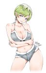  1girl arms_under_breasts artist_name ass_visible_through_thighs bare_shoulders bikini blue_bikini breasts cleavage collarbone cowboy_shot denim denim_bikini earrings fur_trim green_hair green_pupils grey_eyes head_tilt highres izumo_tenka jewelry large_breasts looking_at_viewer mato_seihei_no_slave multicolored_hair navel parted_lips relaxjon short_hair simple_background solo standing swimsuit white_background 