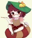  1girl animal_ears bangs bell bottle bow brown_eyes brown_footwear brown_hair brown_shirt brown_skirt chibi cigarette closed_mouth eyebrows_visible_through_hair futatsuiwa_mamizou glasses green_headwear hair_between_eyes hand_up hat hat_bow highres looking_to_the_side pink_sleeves raccoon_ears raccoon_tail rei_(tonbo0430) sandals shirt short_hair short_sleeves simple_background sitting skirt smile solo t-shirt tail touhou yellow_background yellow_bow 