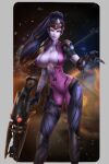  1girl absurdres alternate_breast_size black_hair bodysuit breasts cleavage colored_skin gun highres huge_breasts long_hair looking_at_viewer narrow_waist open_bodysuit overwatch plunging_neckline pockyland ponytail purple_skin rifle sniper_rifle solo tagme tattoo visor weapon wide_hips widowmaker_(overwatch) yellow_eyes 