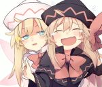  2girls black_capelet black_dress black_headwear blonde_hair blue_eyes blush capelet closed_eyes dress dual_persona fairy fairy_wings hat highres laughing lily_black lily_white long_hair long_sleeves multiple_girls open_mouth shaded_face simple_background tears touhou upper_body white_background white_capelet white_dress white_headwear wings yutamaro 
