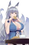  1girl absurdres animal_ear_fluff animal_ears azur_lane blue_collar blue_dress breasts center_opening cocktail_dress collar cup doughnut dress eating evening_gown food fox_ears halter_dress halterneck highres holding holding_food huge_breasts kitsune kyuubi large_tail long_hair multiple_tails official_alternate_costume purple_eyes ruan_weidao shinano_(azur_lane) shinano_(light_of_the_hazy_moon)_(azur_lane) silver_hair sitting sleeveless sleeveless_dress solo tail very_long_hair white_tail wrist_flower 