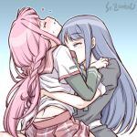  2girls back blue_hair blush braid closed_eyes clothes_lift hand_on_another&#039;s_shoulder head_back hug kissing_breast long_hair magia_record:_mahou_shoujo_madoka_magica_gaiden mahou_shoujo_madoka_magica multiple_girls nanami_yachiyo pink_hair school_uniform serafuku shirt_lift smile studiozombie sweat tamaki_iroha yuri 