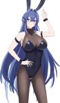  1girl :3 akagi_koku animal_ears arm_up armband ass_visible_through_thighs azur_lane bare_shoulders black_choker black_legwear blue_eyes blue_hair blue_leotard breasts choker cleavage collarbone eyebrows_visible_through_hair feet_out_of_frame hair_between_eyes hair_ornament hand_on_hip hand_up highres large_breasts leotard long_hair looking_at_viewer new_jersey_(azur_lane) new_jersey_(exhilarating_steps!)_(azur_lane) official_alternate_costume pantyhose playboy_bunny rabbit_ears simple_background solo standing very_long_hair white_background wrist_cuffs 