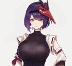  1girl black_bodysuit black_hair bodysuit breasts genshin_impact glaring highres kujou_sara large_breasts looking_at_viewer mask mask_on_head short_hair solo ta_(pixiv72292689) tengu_mask upper_body yellow_eyes 