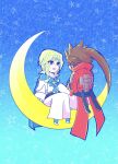  2boys armor blonde_hair blue_eyes brown_hair chibi crescent_moon guilty_gear guilty_gear_2 highres ky_kiske looking_at_another moon multiple_boys night night_sky sitting sky sol_badguy yaoi 