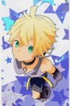  1boy bare_shoulders bass_clef black_legwear black_shorts black_sleeves blonde_hair d_futagosaikyou detached_sleeves expressionless foreshortening from_above full_body green_eyes grey_shirt headphones highres kagamine_len kagamine_len_(append) male_focus pendant_choker shirt shorts sleeveless sleeveless_shirt spiked_hair star_(symbol) turtleneck vocaloid vocaloid_append 