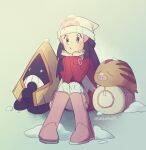  1girl bag beanie black_hair blush boots coat commentary dawn_(pokemon) duffel_bag eyelashes grey_eyes hair_ornament hairclip hands_up hat long_hair long_sleeves momoji_(lobolobo2010) over-kneehighs pink_footwear pokemon pokemon_(creature) pokemon_(game) pokemon_dppt pokemon_platinum red_coat scarf sitting snorunt snow snow_on_head swinub thighhighs twitter_username white_headwear white_scarf 