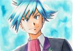  1boy bangs black_jacket blue_background blue_eyes blue_hair closed_mouth collared_shirt commentary_request highres jacket male_focus necktie oka_mochi pokemon pokemon_(game) pokemon_oras shirt short_hair smile solo spiked_hair steven_stone traditional_media upper_body white_shirt 