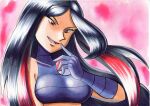  1girl black_hair breasts commentary_request covered_collarbone crop_top eyelashes gloves hand_up holding holding_poke_ball long_hair looking_down lucy_(pokemon) multicolored_hair oka_mochi open_mouth pink_background poke_ball poke_ball_(basic) pokemon pokemon_(game) pokemon_emerald pokemon_rse purple_gloves red_eyes red_hair smile solo tongue traditional_media two-tone_hair 