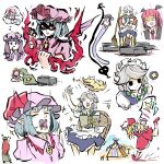  6+girls animal_ears apron bat_wings blonde_hair blush braid broom cabbie_hat camel chair closed_eyes crescent crescent_hat_ornament crying crystal embodiment_of_scarlet_devil empty_eyes fangs flandre_scarlet fox fox_ears fox_tail hair_ribbon hat hat_ornament hat_ribbon highres hong_meiling izayoi_sakuya knifed koakuma laevatein_(touhou) light_blue_hair maid maid_apron maid_headdress mob_cap multiple_girls necktie patchouli_knowledge peroponesosu. pointy_ears purple_hair pyramid red_eyes red_hair red_neckwear remilia_scarlet ribbon roomba silver_hair simple_background sitting sparkle star_(symbol) star_hat_ornament tail thought_bubble touhou twin_braids white_background wings zzz 