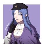  1girl black_gloves blue_eyes blue_hair braid closed_mouth commission fate/grand_order fate/stay_night fate_(series) fire_emblem fire_emblem:_three_houses garreg_mach_monastery_uniform gloves hat highres index_finger_raised long_hair looking_at_viewer love_bunchy medea_(fate) military_hat one_eye_closed pointy_ears side_braid smile solo 